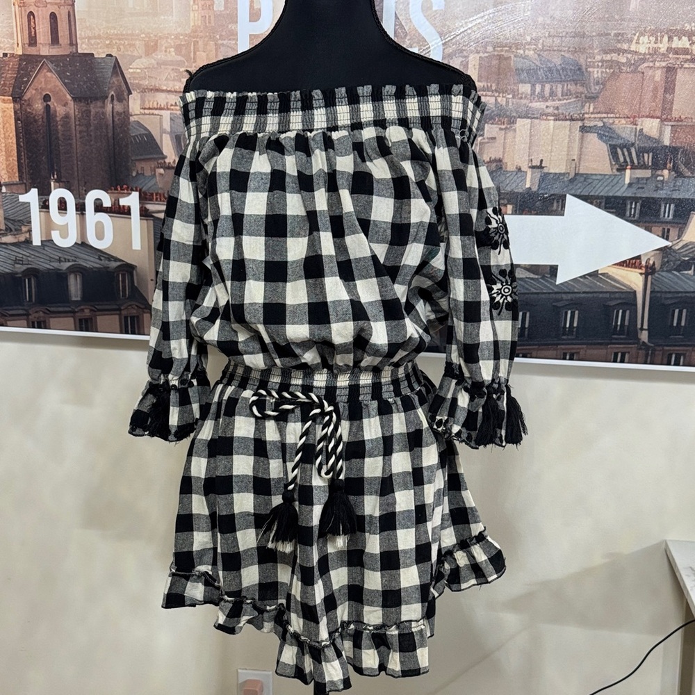 Vintage Havana Black and White Plaid Off-Shoulder Dress